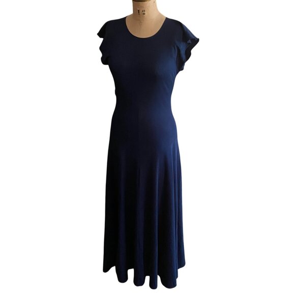 Vintage maxi dress, navy clue, ley hole  back, flutter sleeves, M - Picture 5 of 13